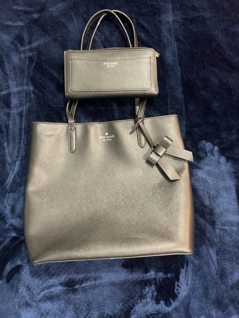 kate spade Black Saffiano Tote with Matching Wristlet and Bow Charm
